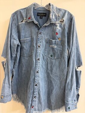 Lucky Brand Blue Denim Bug Embroidery Distressed Button Down Shirt, size M